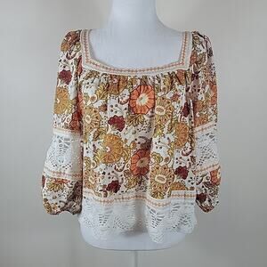 Rachel Zoe Top S Paisley Print Crochet Balloon Sleeve‎ Cropped Linen Peasant